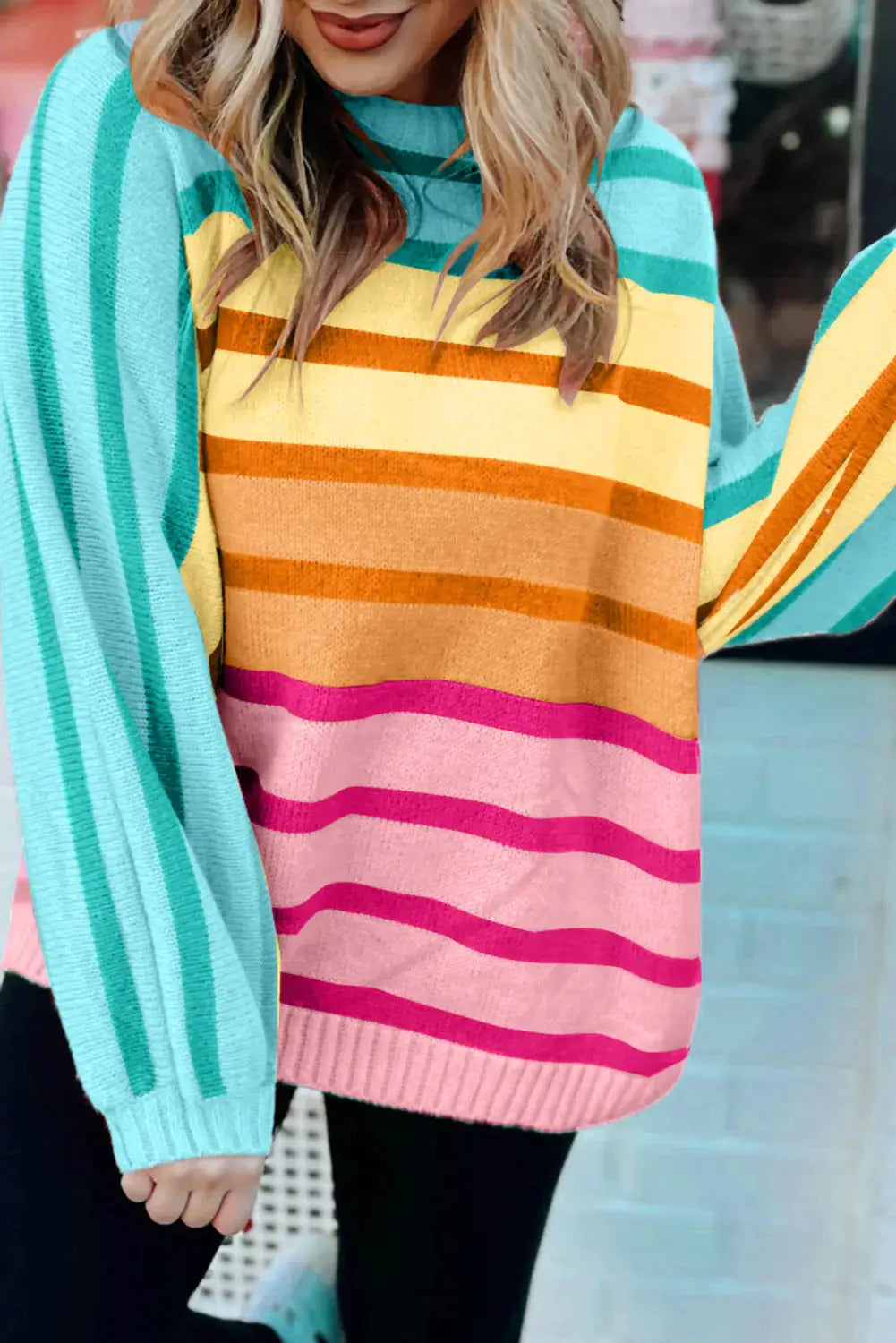 Contrast Striped Round Neck Long Sleeve Knit Top by Trendsi