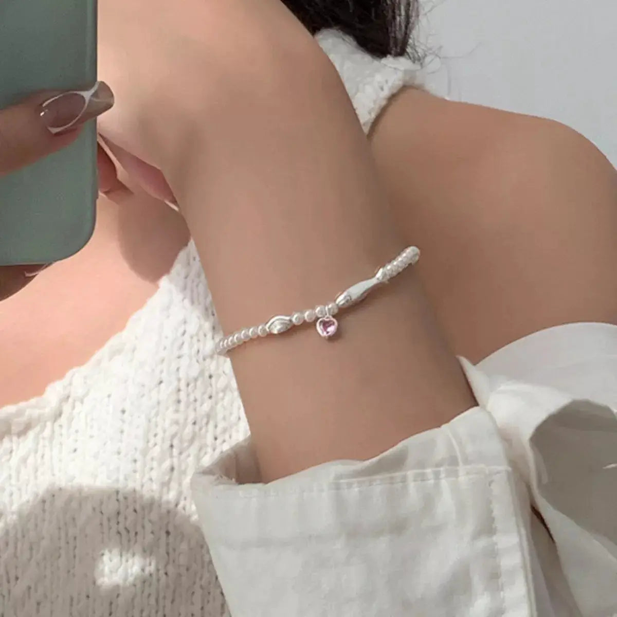 Pearl Fish Bracelet with Heart Charm by Trendsi