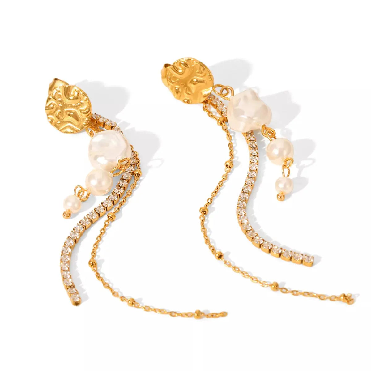 18K Gold-Plated Zircon Pearl Chain Earrings by Trendsi
