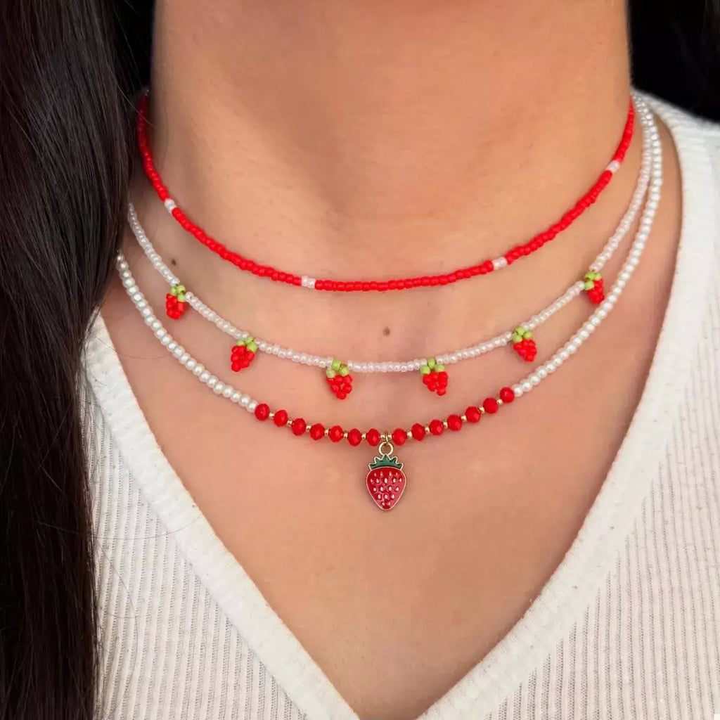 3 Piece Beaded Strawberry Necklace by Trendsi