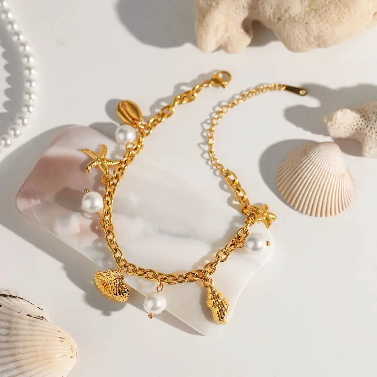Ocean Theme Stainless Steel Chain Bracelet with Seashell and Starfish Pendants by Trendsi