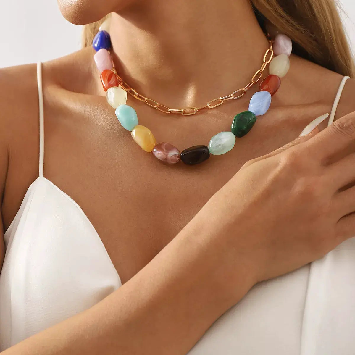 2 Piece Colorful Beaded Chain Necklace by Trendsi