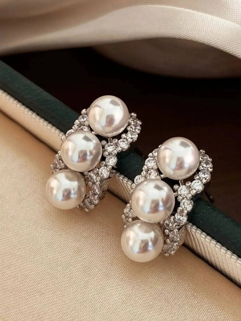 Zircon Triple Pearl Drop Earrings by Trendsi