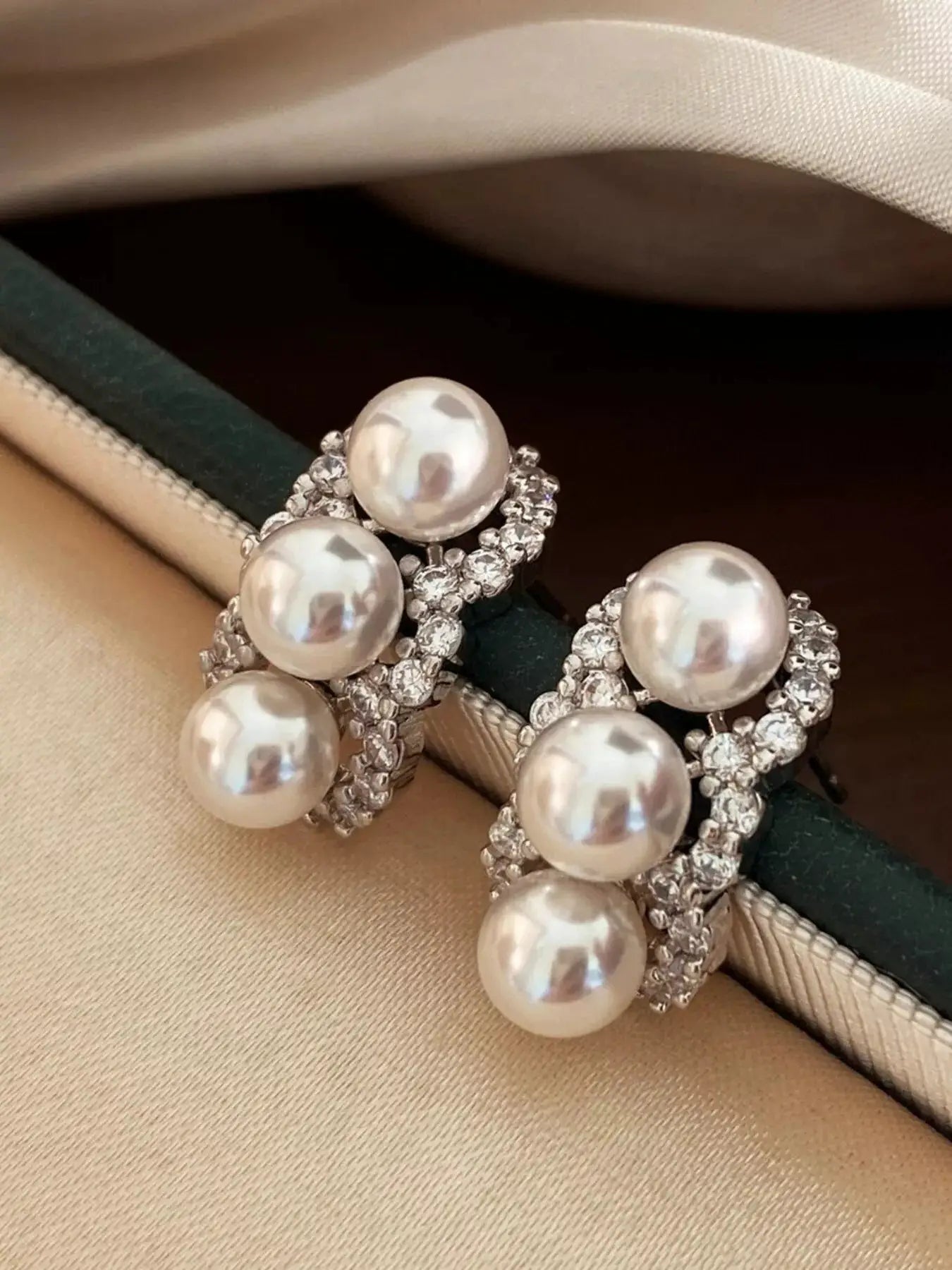 Zircon Triple Pearl Drop Earrings by Trendsi