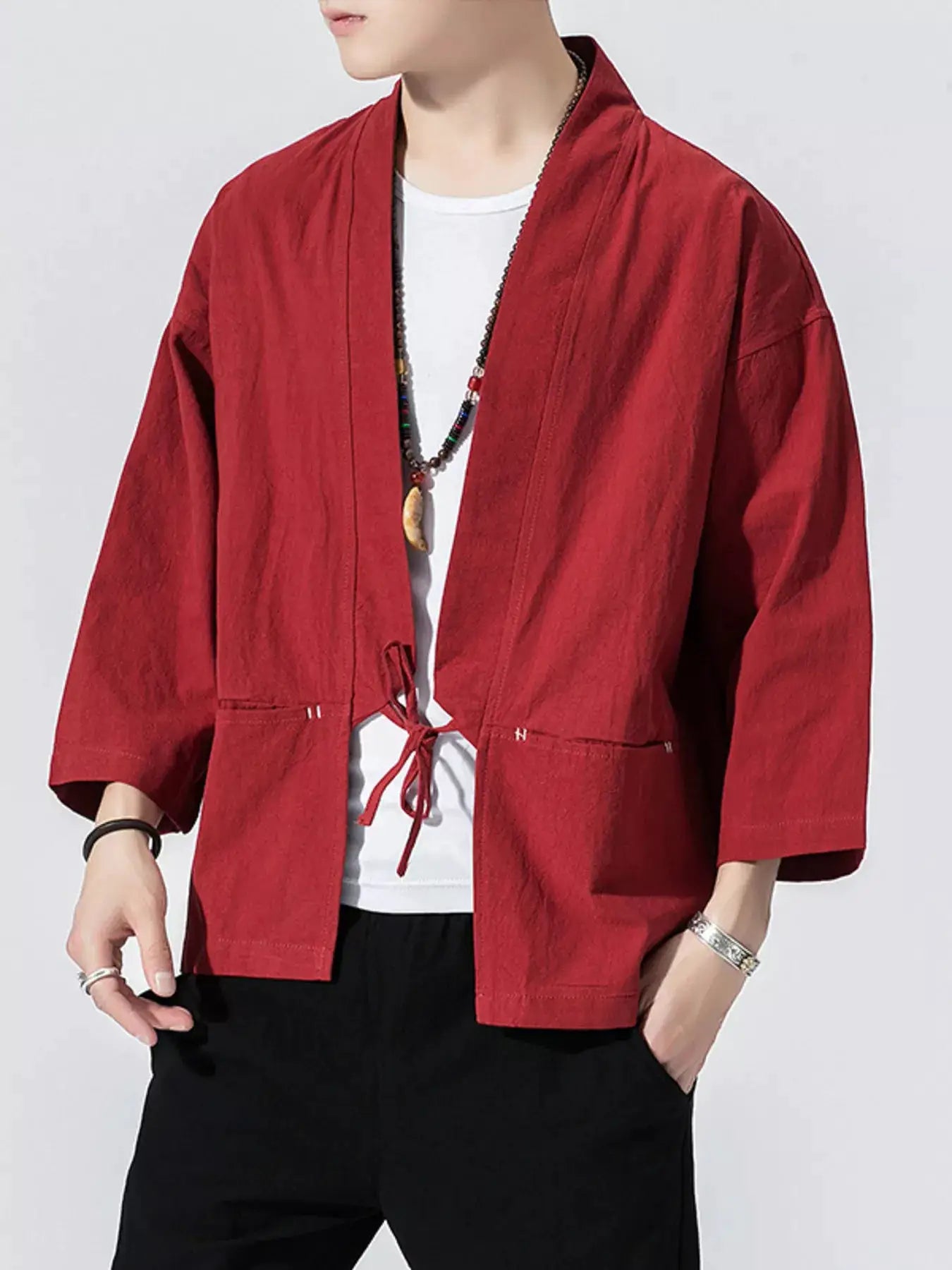 Men's Plus Size Tie Front 3/4 Sleeve Cardigan by Trendsi