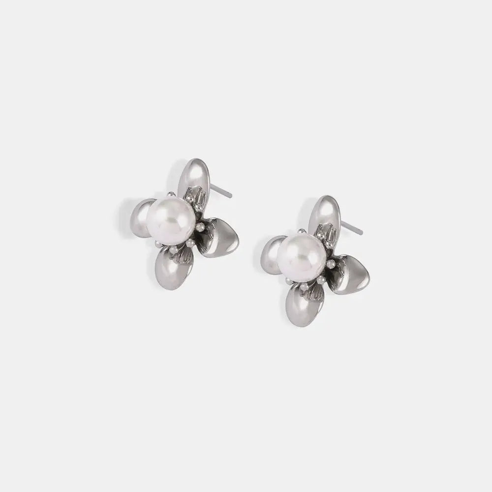 Synthetic Pearl Titanium Steel Flower Earrings by Trendsi