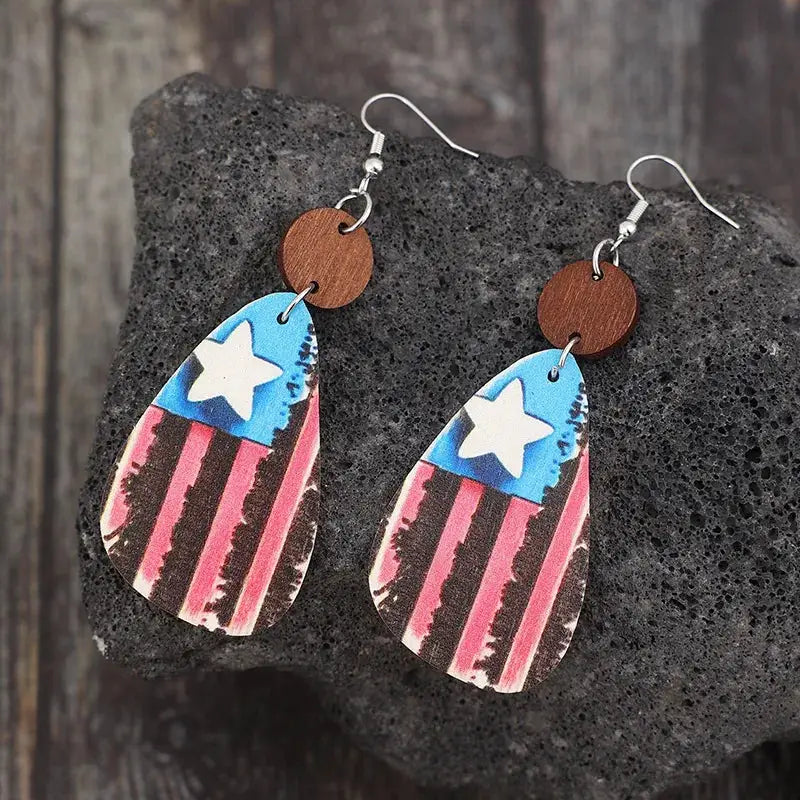 Star & Stripes Wooden Dangle Earrings by Trendsi