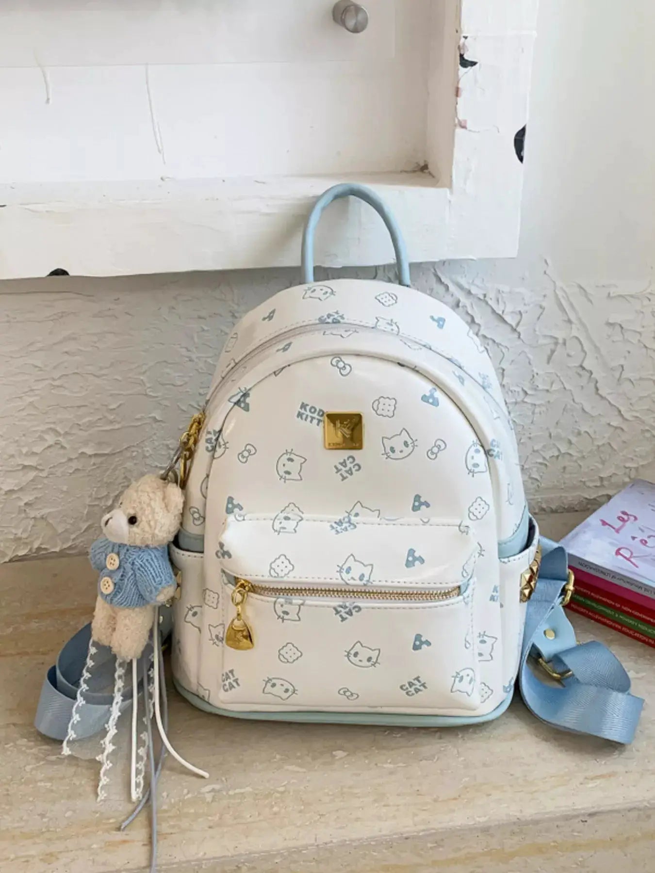 Cartoon Pattern Backpack Bag with Bear Pendant by Trendsi