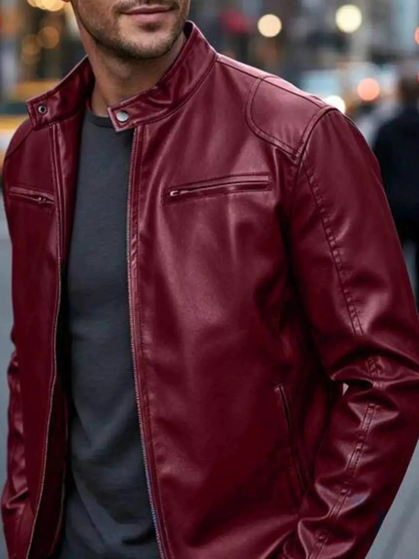 Men's Full Size Faux Leather Bomber Jacket with Zipper Pockets Plus Size by Trendsi