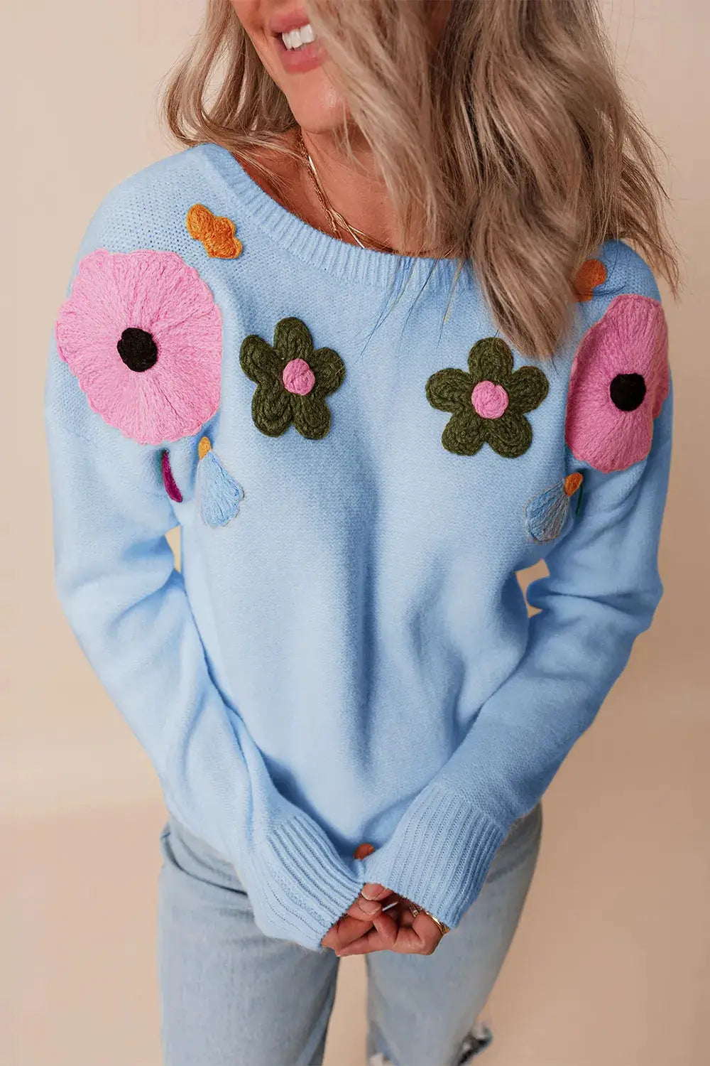 Crochet Flower Round Neck Dropped Shoulder Sweater by Trendsi