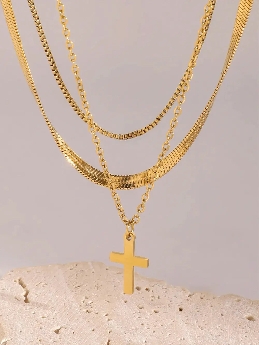 18K Gold-Plated Three-Layered Cross Necklace by Trendsi