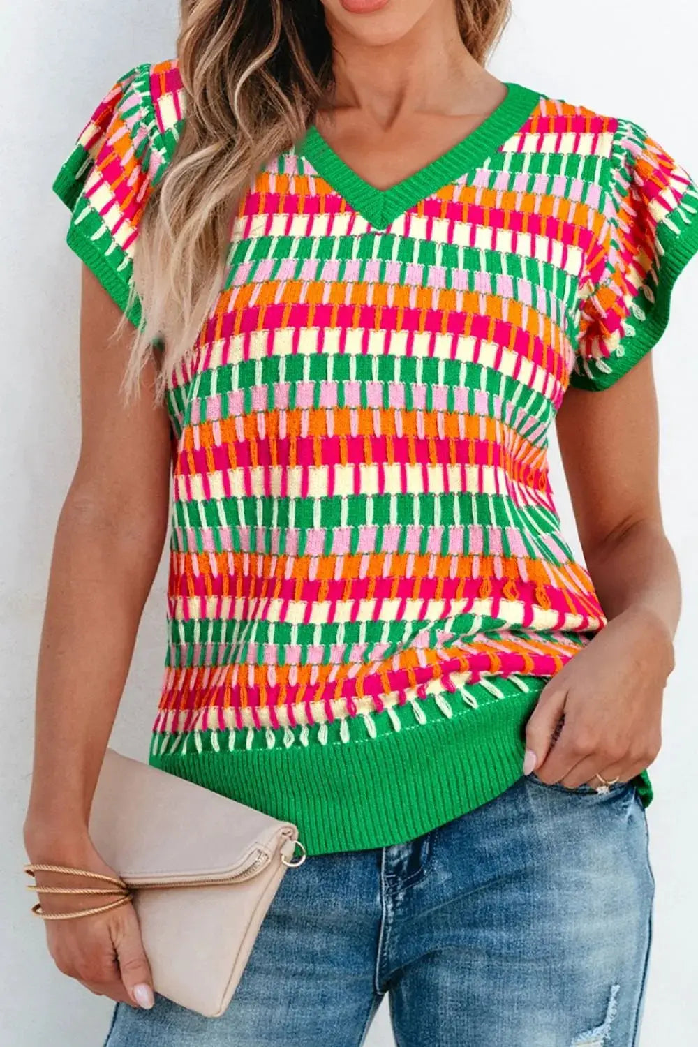 Contrast Striped V-Neck Knit Top by Trendsi