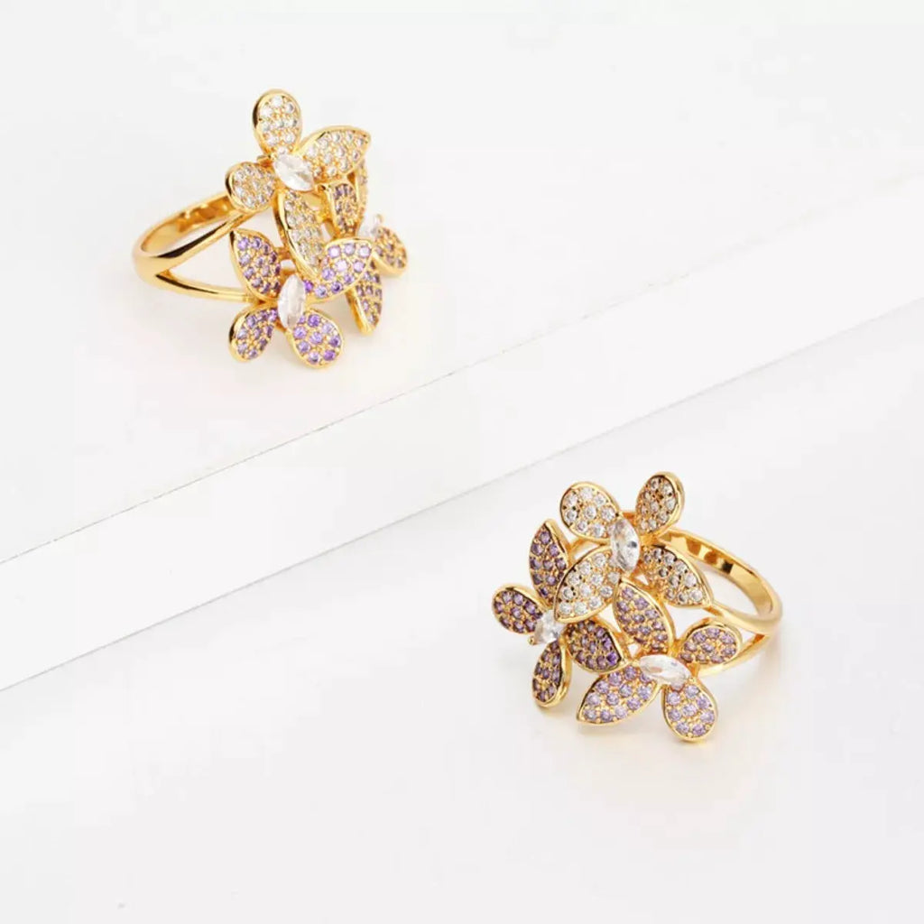 18K Gold-Plated Copper Rhinestone Zircon Flower Ring by Trendsi