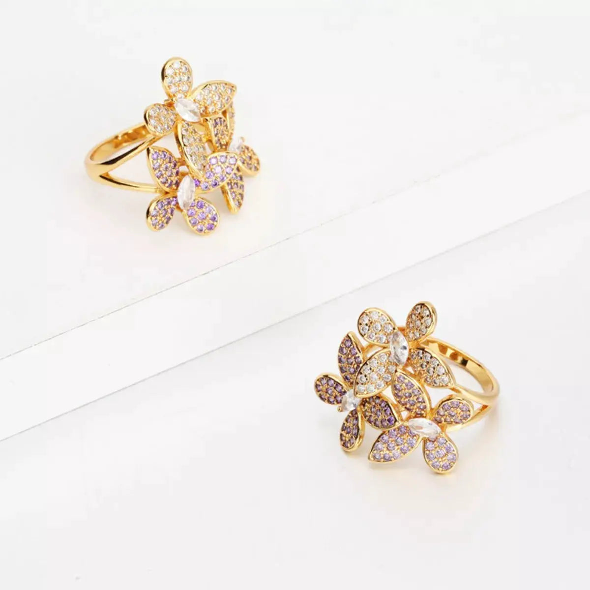 18K Gold-Plated Copper Rhinestone Zircon Flower Ring by Trendsi