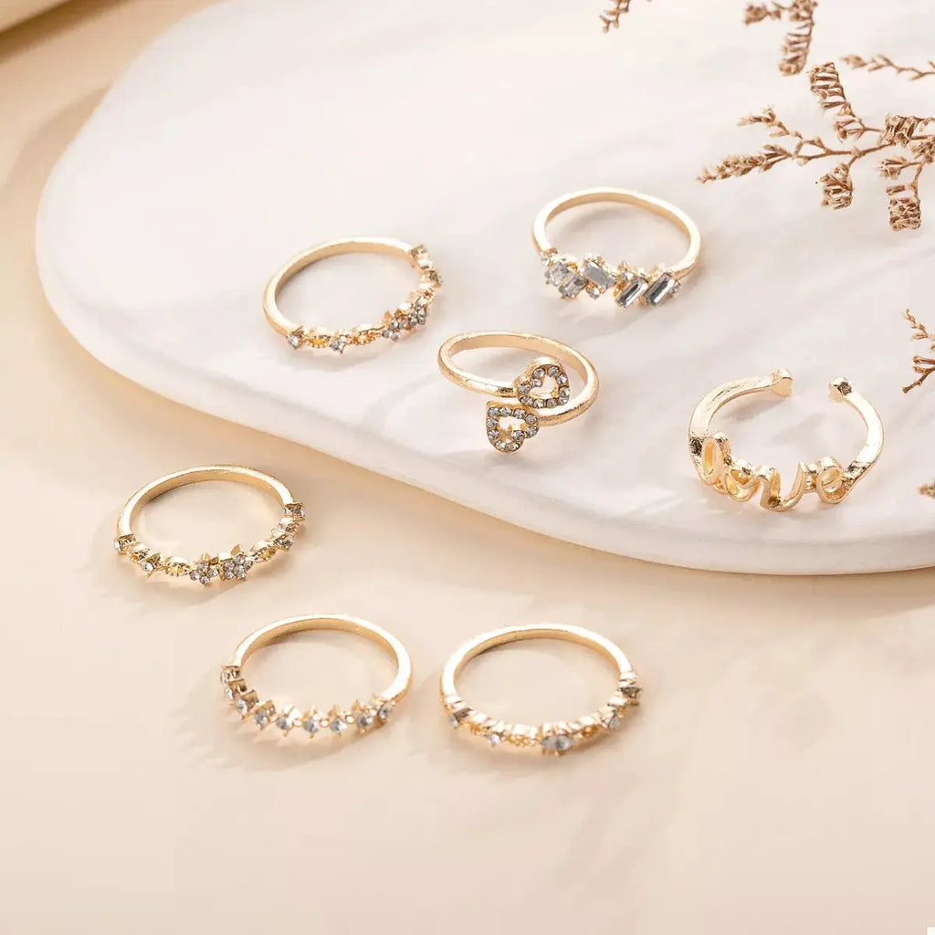 7 Piece 18K Gold-Plated LOVE Zircon Ring Set by Trendsi