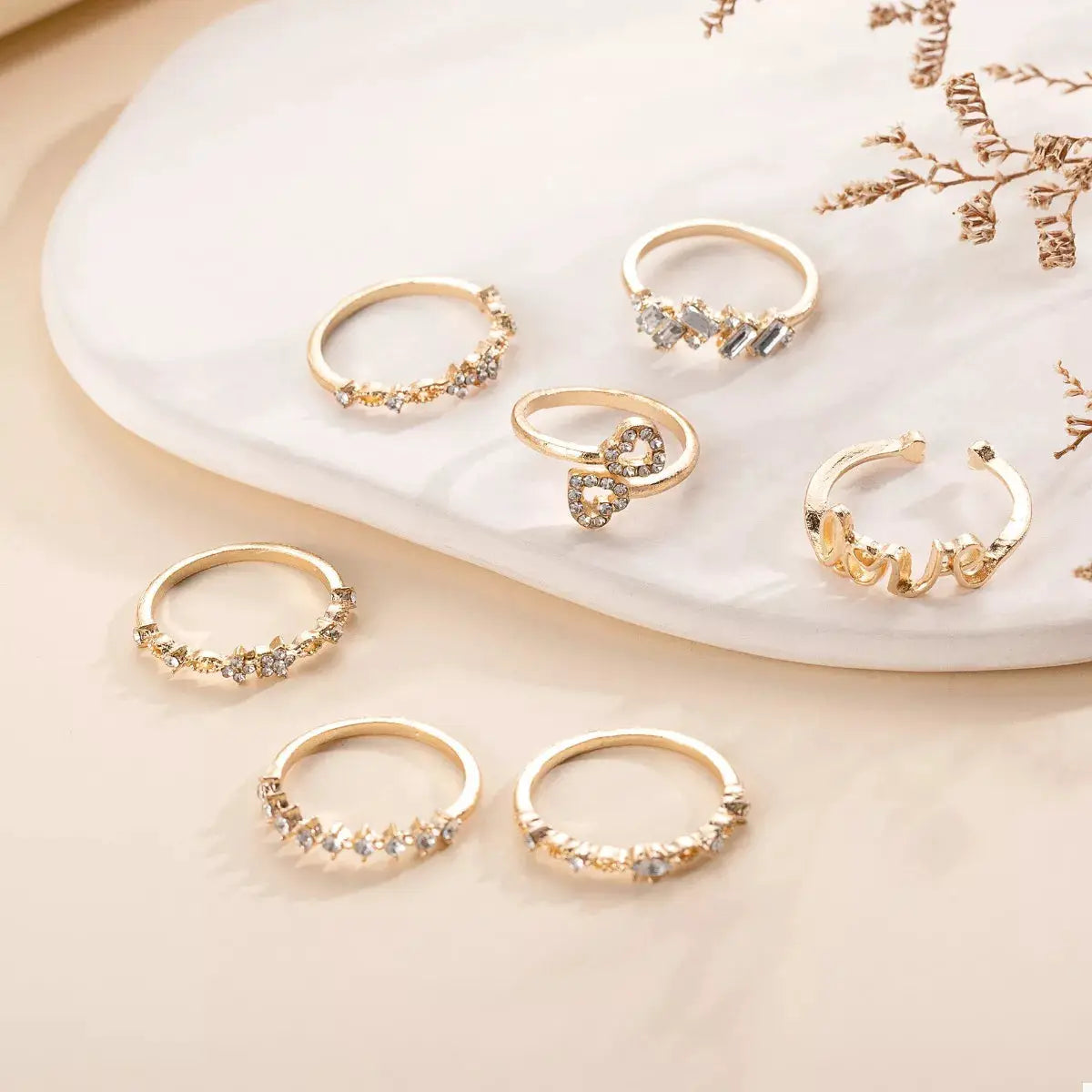 7 Piece 18K Gold-Plated LOVE Zircon Ring Set by Trendsi