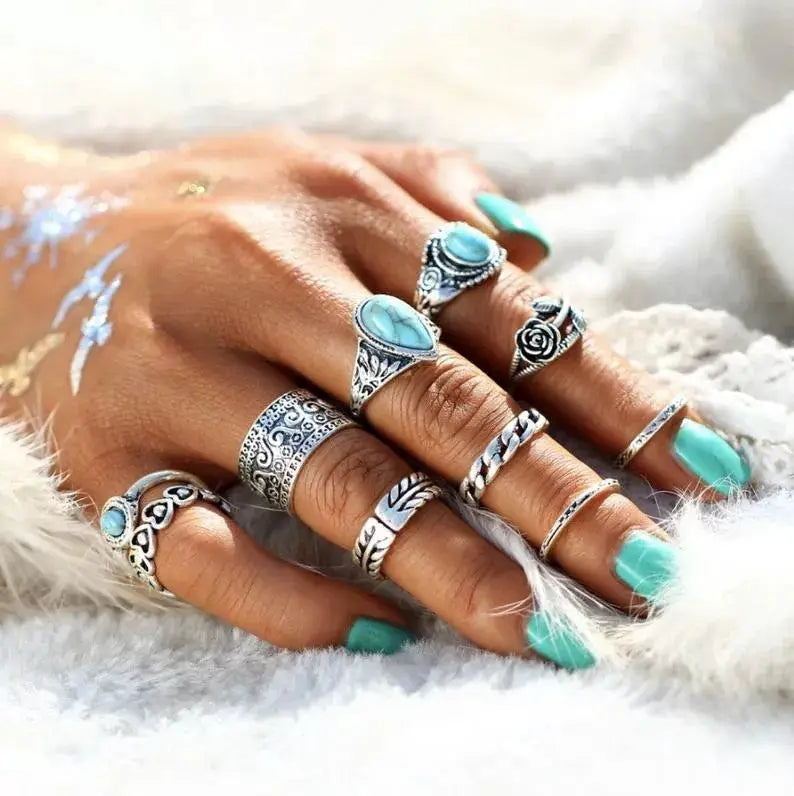 Artificial Turquoise Alloy Ring 10-Piece Set by Trendsi