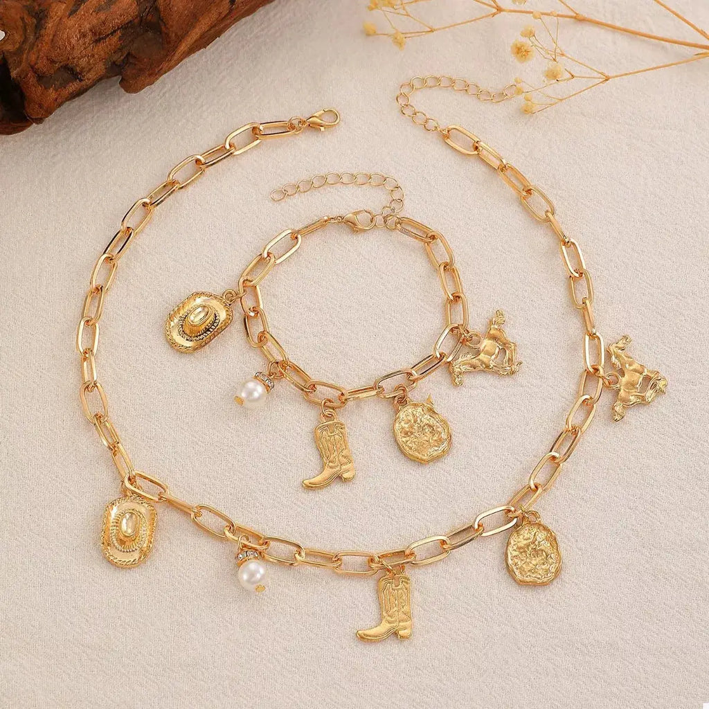 18K Gold-Plated Charm Necklace and Bracelet Jewelry Set by Trendsi