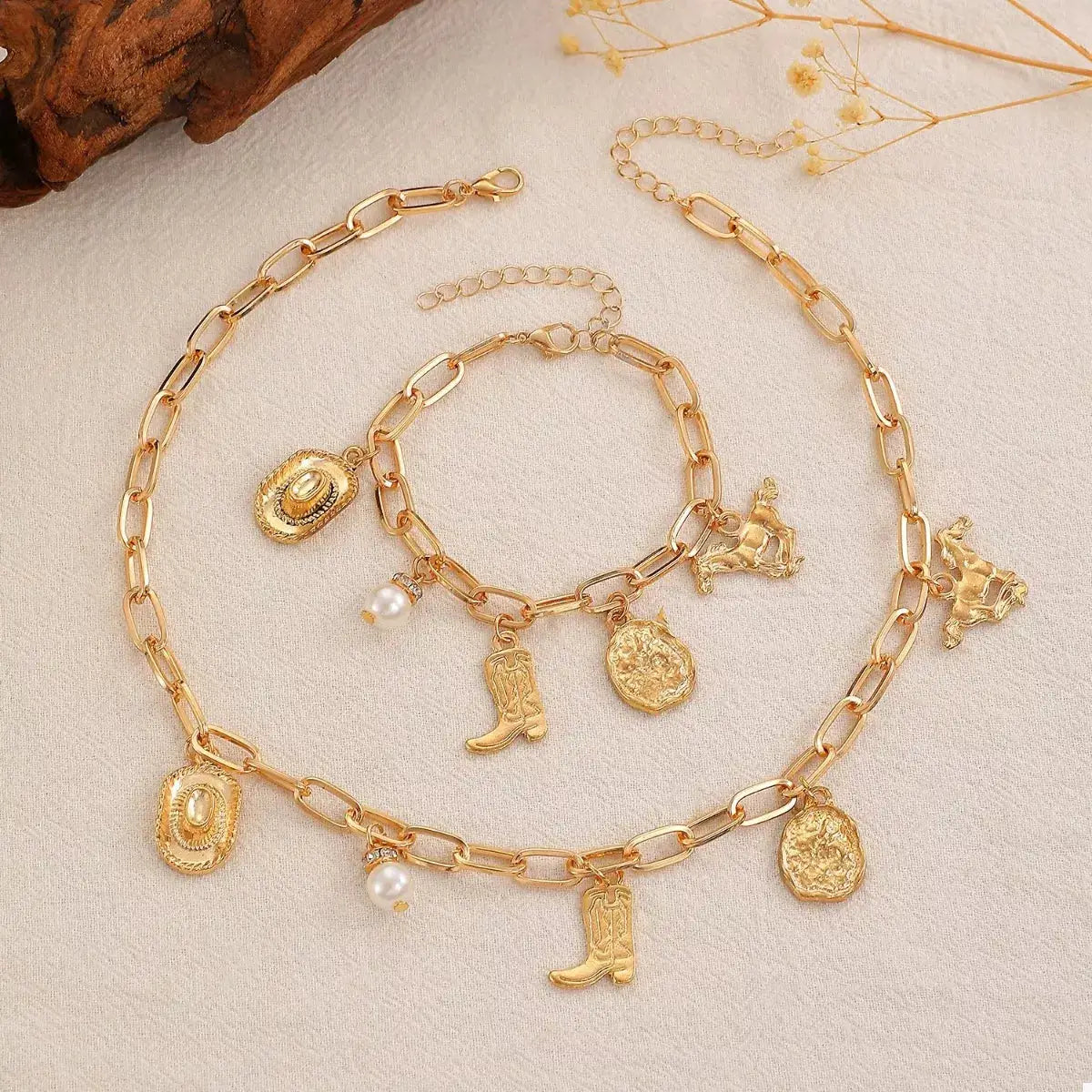18K Gold-Plated Charm Necklace and Bracelet Jewelry Set by Trendsi