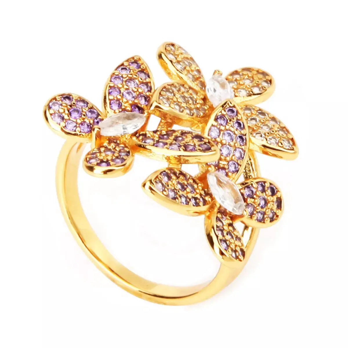 18K Gold-Plated Copper Rhinestone Zircon Flower Ring by Trendsi
