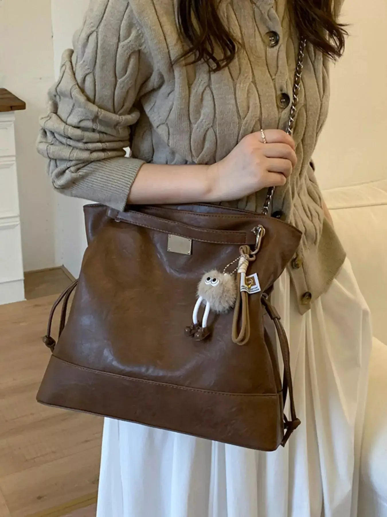 Chain Strap Faux Leather Tote Bag by Trendsi