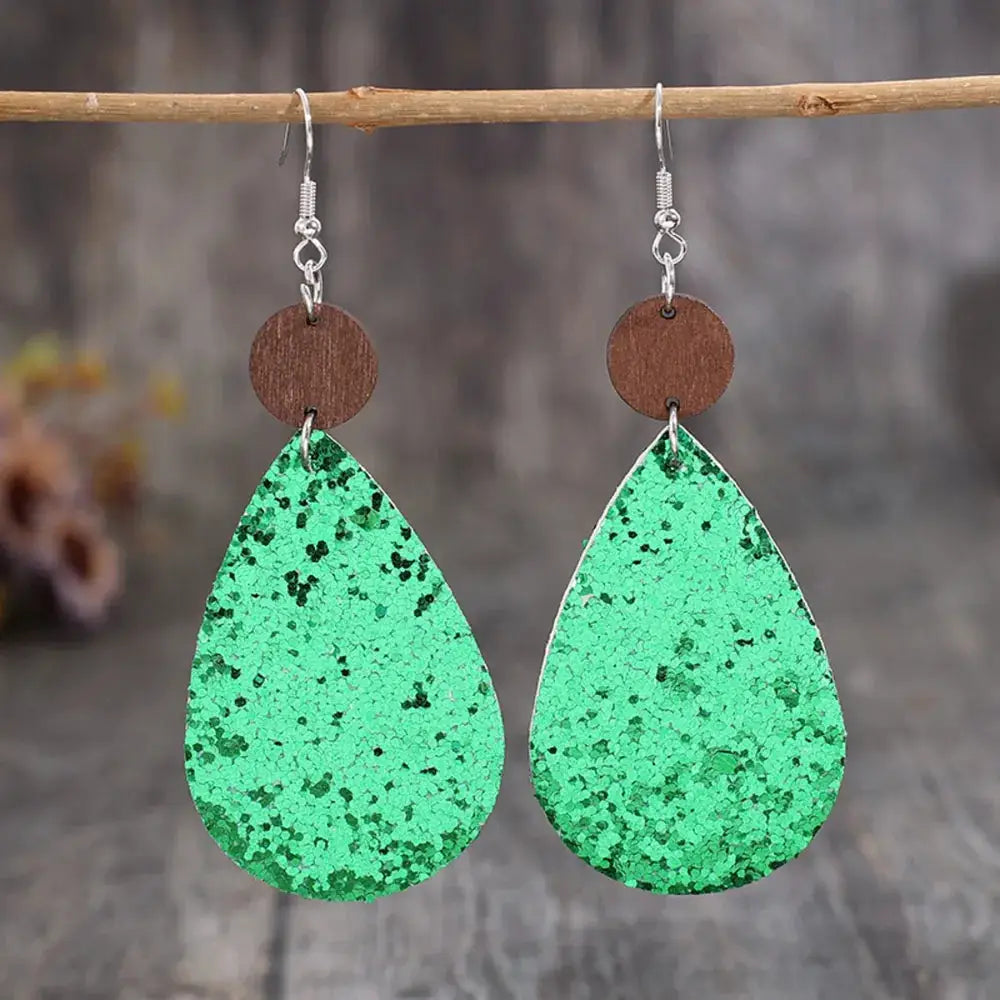 Sequin PU Leather Wooden Dangle Earrings by Trendsi