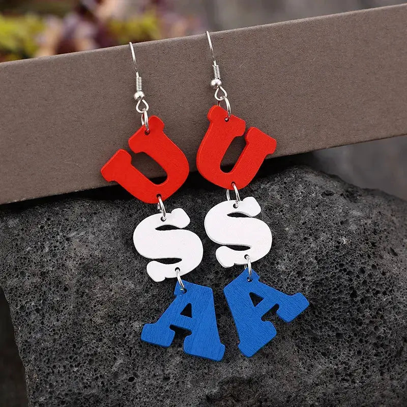 USA Wooden Letter Dangle Earrings by Trendsi