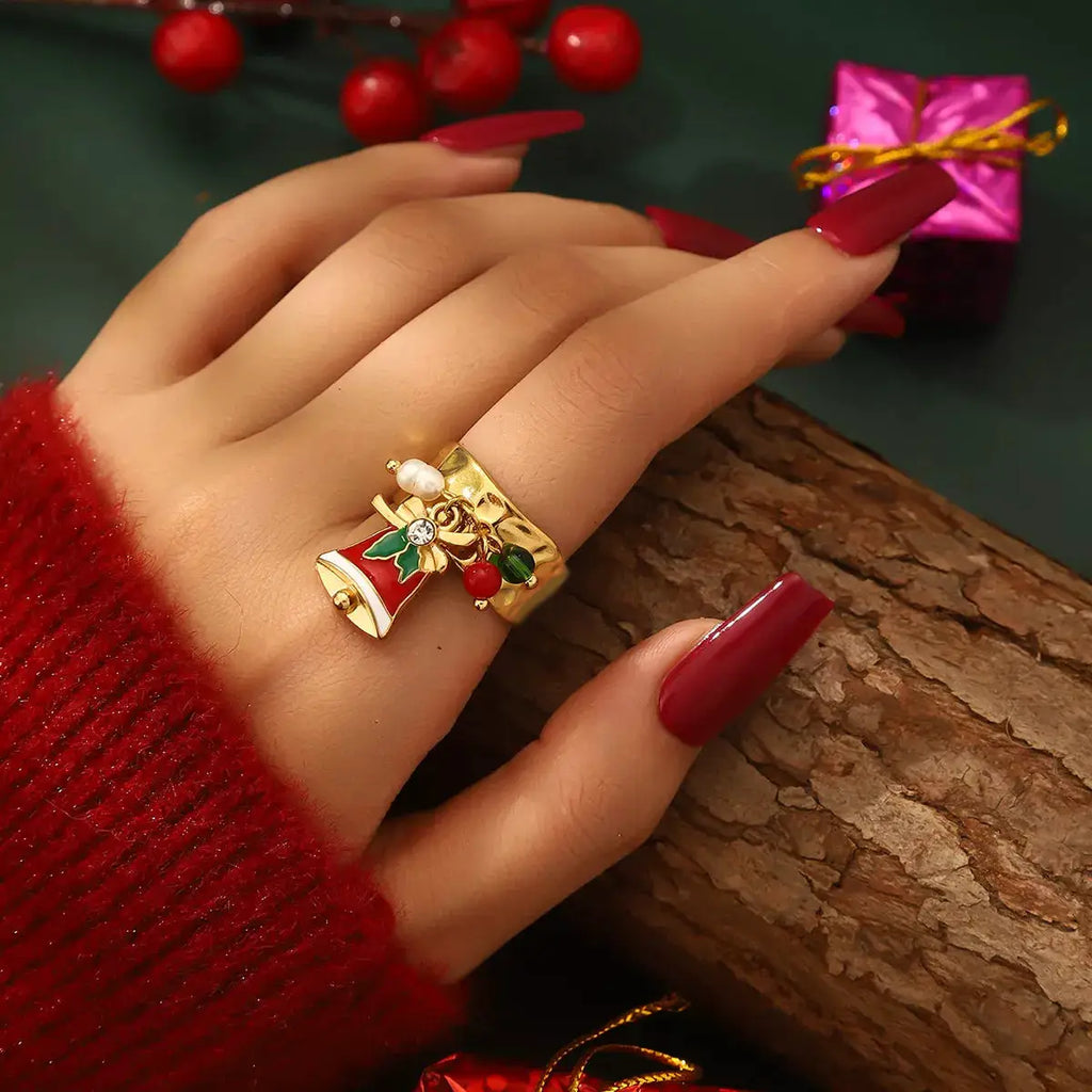 18K Gold-Plated Christmas Charm Ring by Trendsi