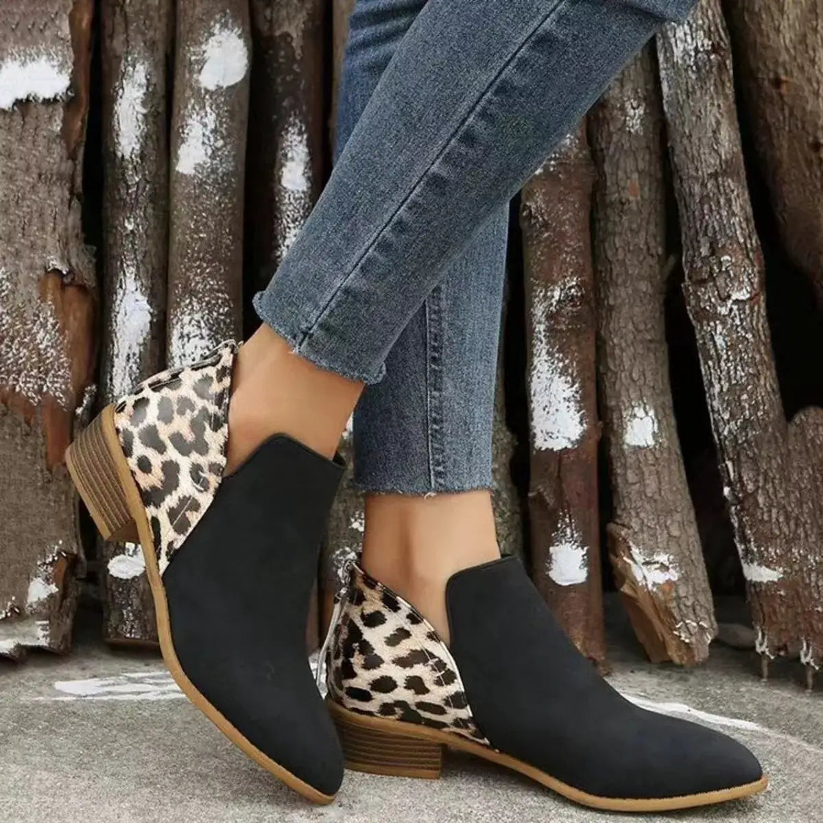 Leopard Point Toe Block Heels Boots by Trendsi