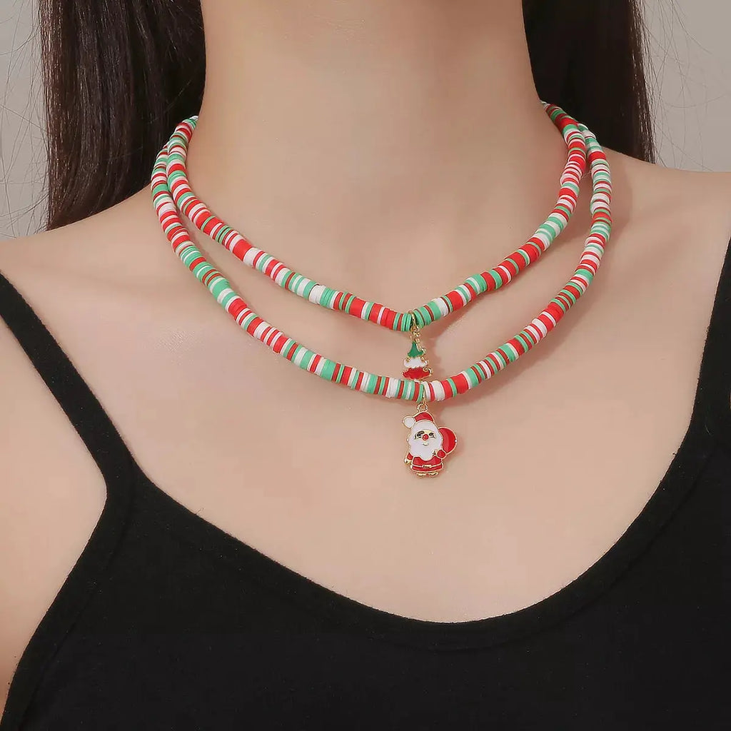 Alloy Christmas Necklace with Santa and Christmas Tree Pendant by Trendsi