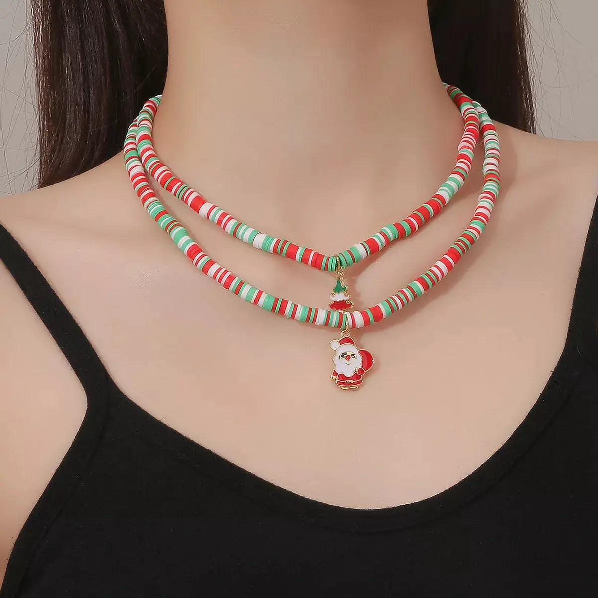 Alloy Christmas Necklace with Santa and Christmas Tree Pendant by Trendsi