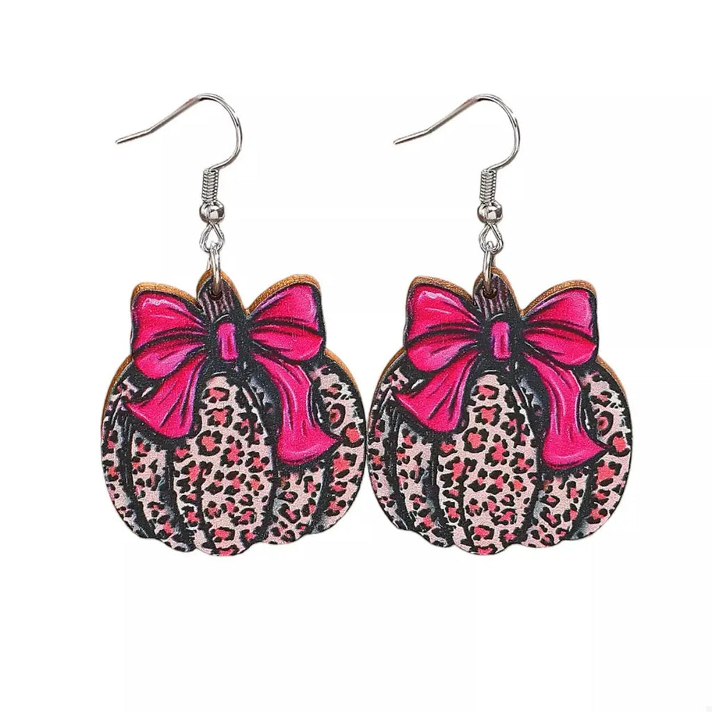 Halloween Pumpkin Leopard Print Bow Earrings by Trendsi