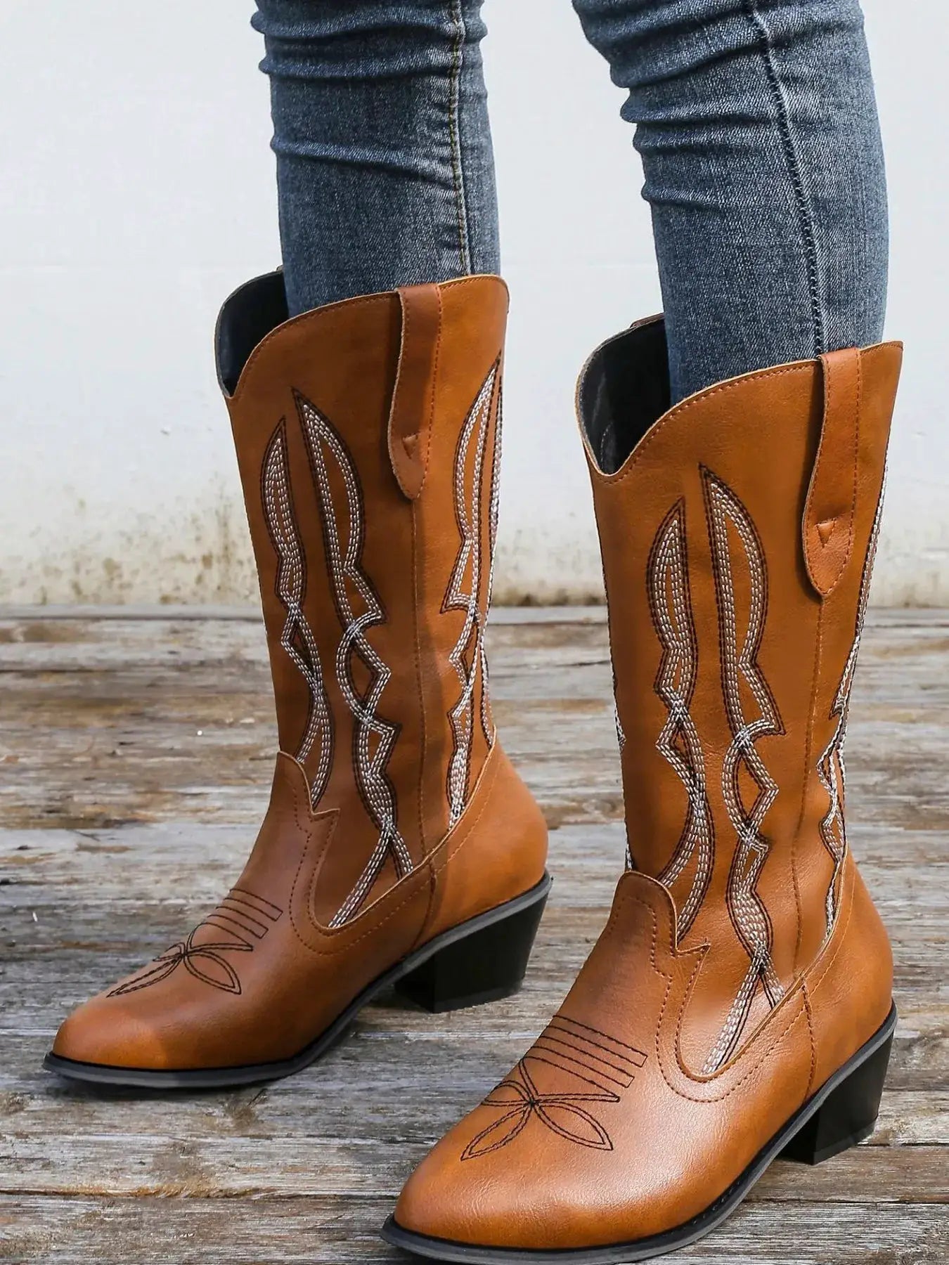 Western Embroidered Cowgirl Boots by Trendsi