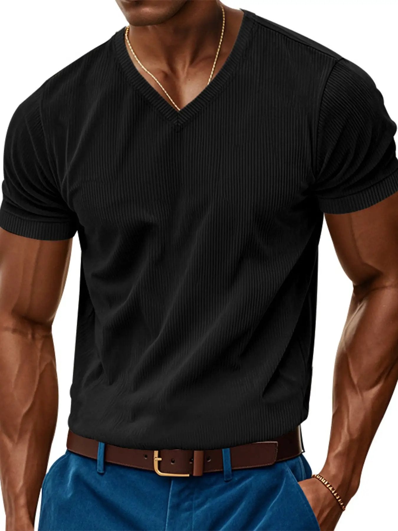 Men's Full Size Ribbed V-Neck T-Shirt Plus Size by Trendsi