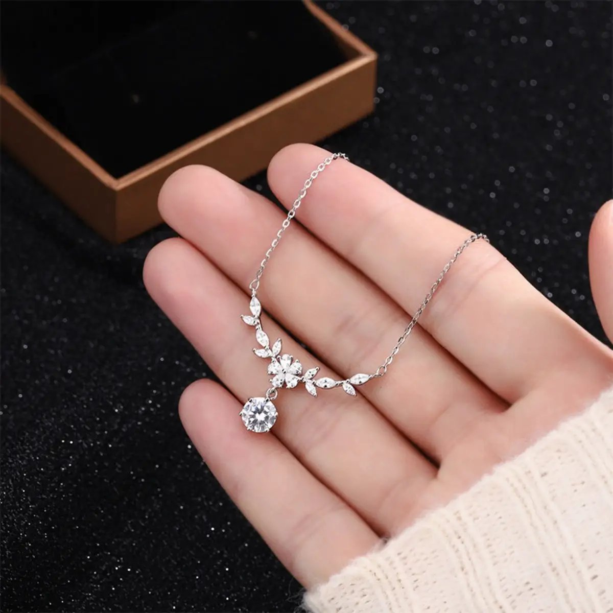 1 Carat Moissanite 925 Sterling Silver Leaf Flower Necklace by Trendsi