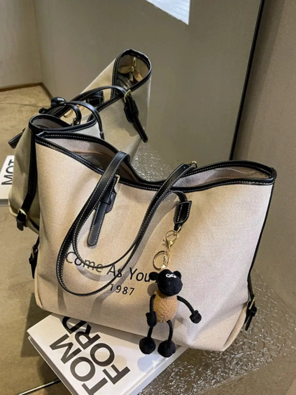 Canvas Tote Shoulder Bag with Charm by Trendsi