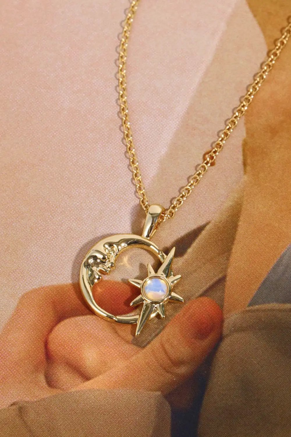 Copper 14K Gold-Plated Moon & Star Shape Pendant Necklace by Trendsi