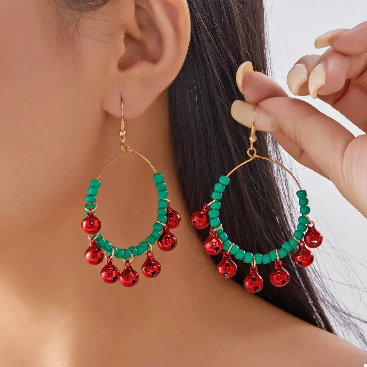Christmas Beaded Hoop Earrings with Jingle Bells by Trendsi