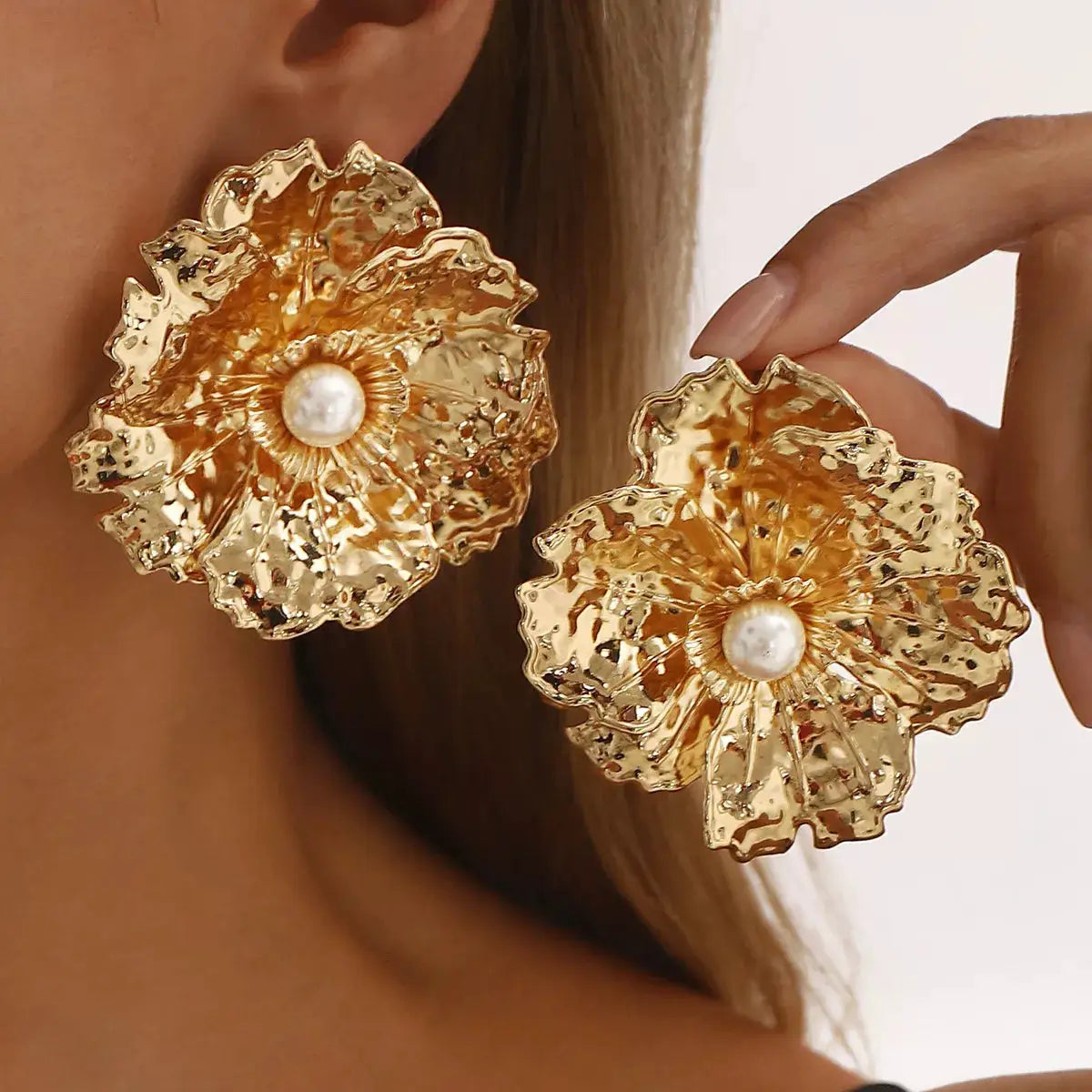 Gold Textured Flower Pearl Center Statement Earrings by Trendsi