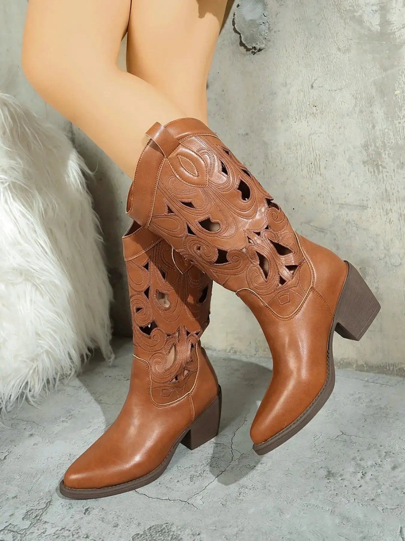 Western Cutout Pattern Block Heel Boots by Trendsi