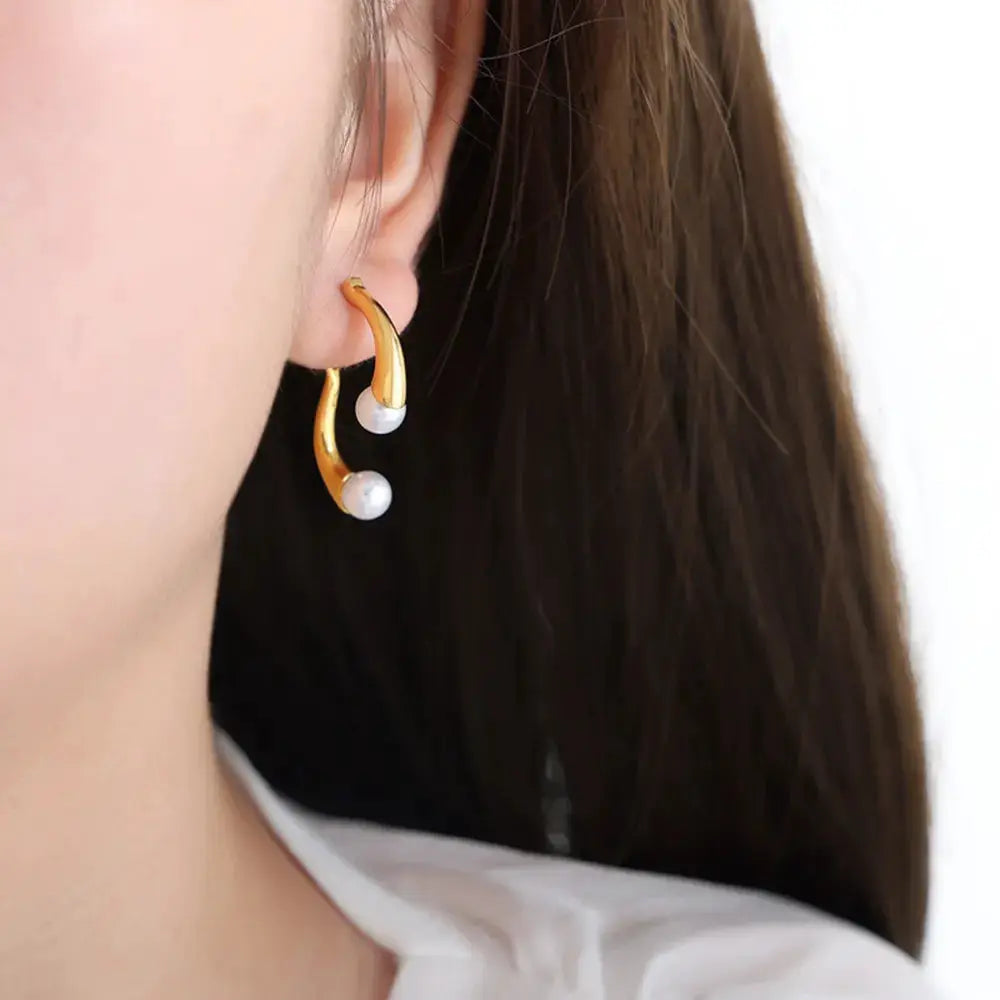 Synthetic Pearl Asymmetrical Titanium Steel Earrings by Trendsi
