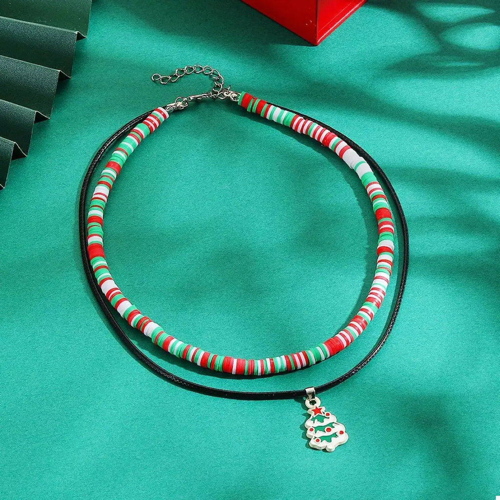 Colorful Double Layered Necklace with Christmas Tree Pendant by Trendsi