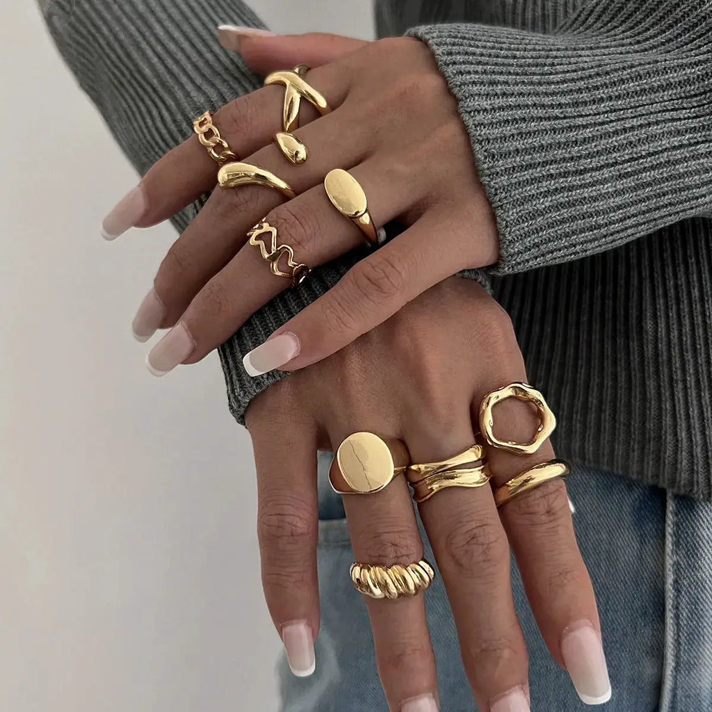 10-Piece Alloy Geometric Ring by Trendsi