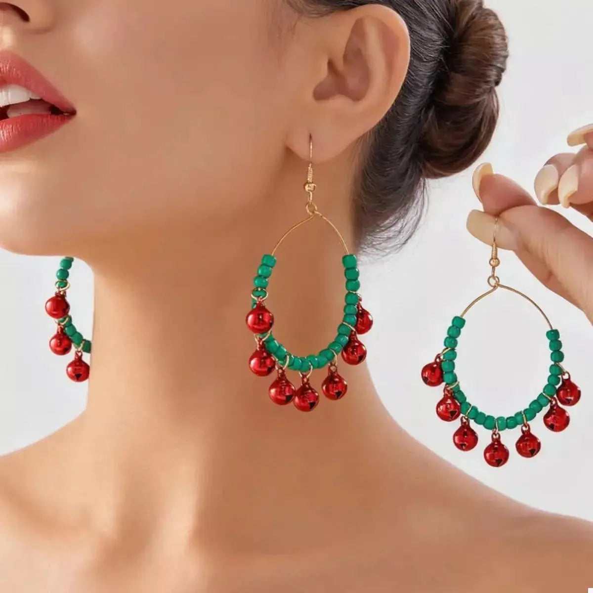 Christmas Beaded Hoop Earrings with Jingle Bells by Trendsi