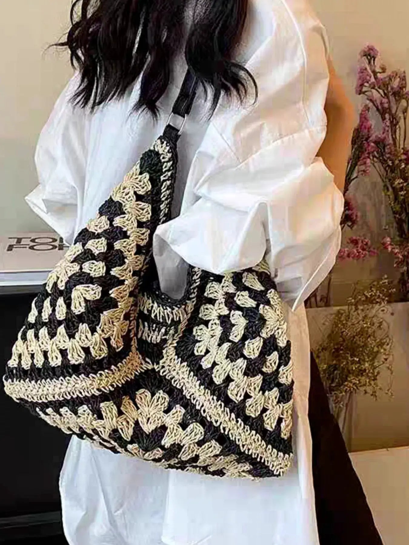 Crochet Two-Tone Shoulder Bag by Trendsi
