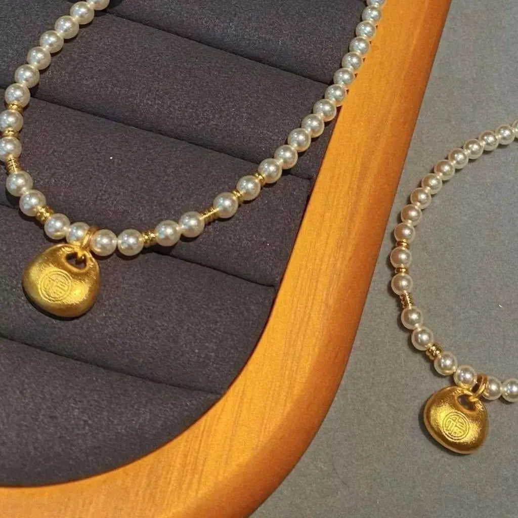 Pearl Necklace with Golden Pendant by Trendsi