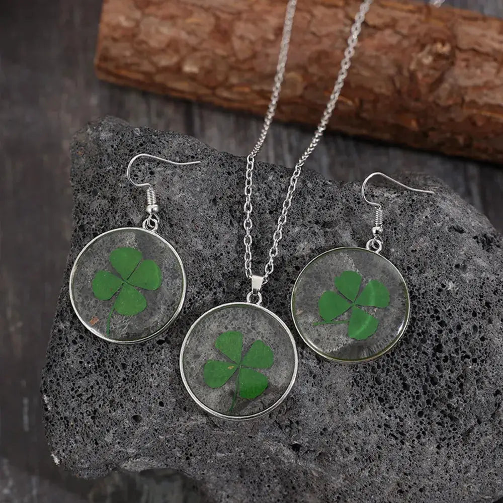 Lucky Clover Alloy Acrylic Earrings and Necklace Jewelry Set by Trendsi