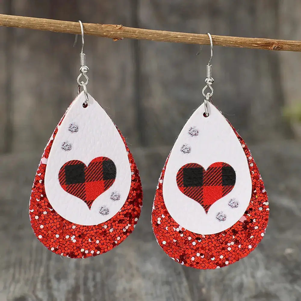 Heart Sequin Leather Teardrop Earrings by Trendsi