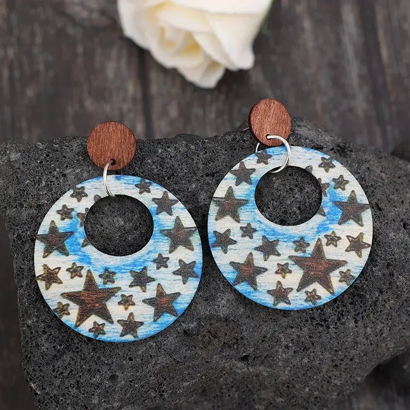 Cutout Star Print Wooden Dangle Earrings by Trendsi