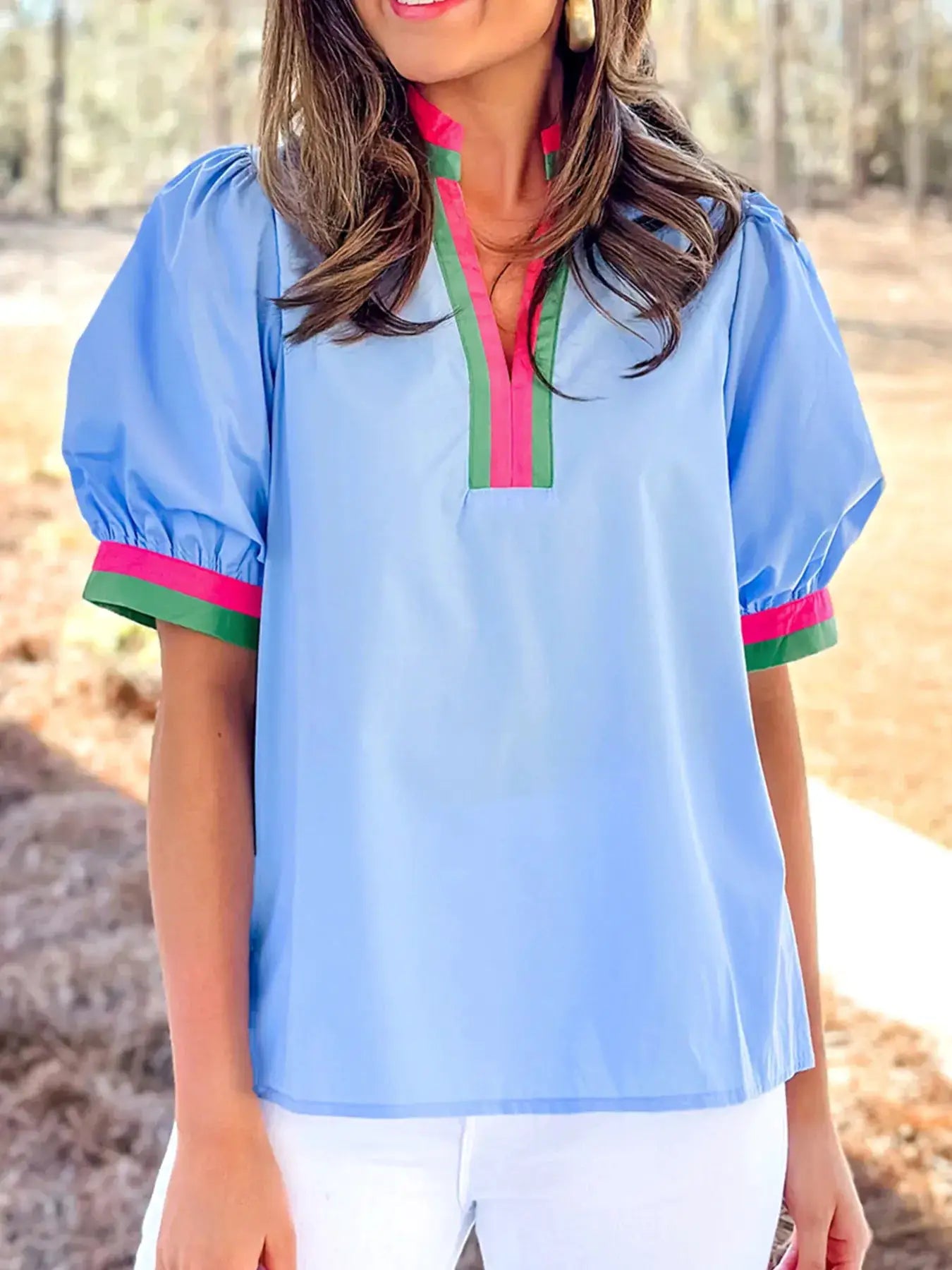 Contrast Trim Notched Short Sleeve Blouse by Trendsi